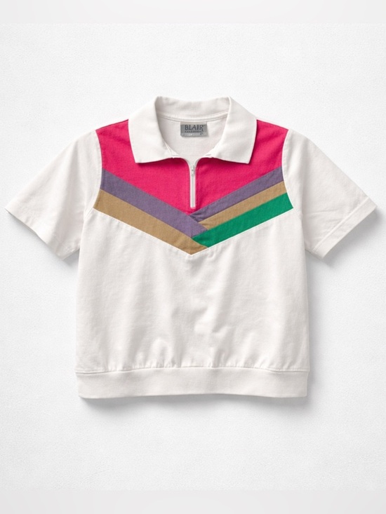 Vintage Tops - Vintage Blair Chevron Color Block 1/4 Zip Pullover Short Sleeve Shirt